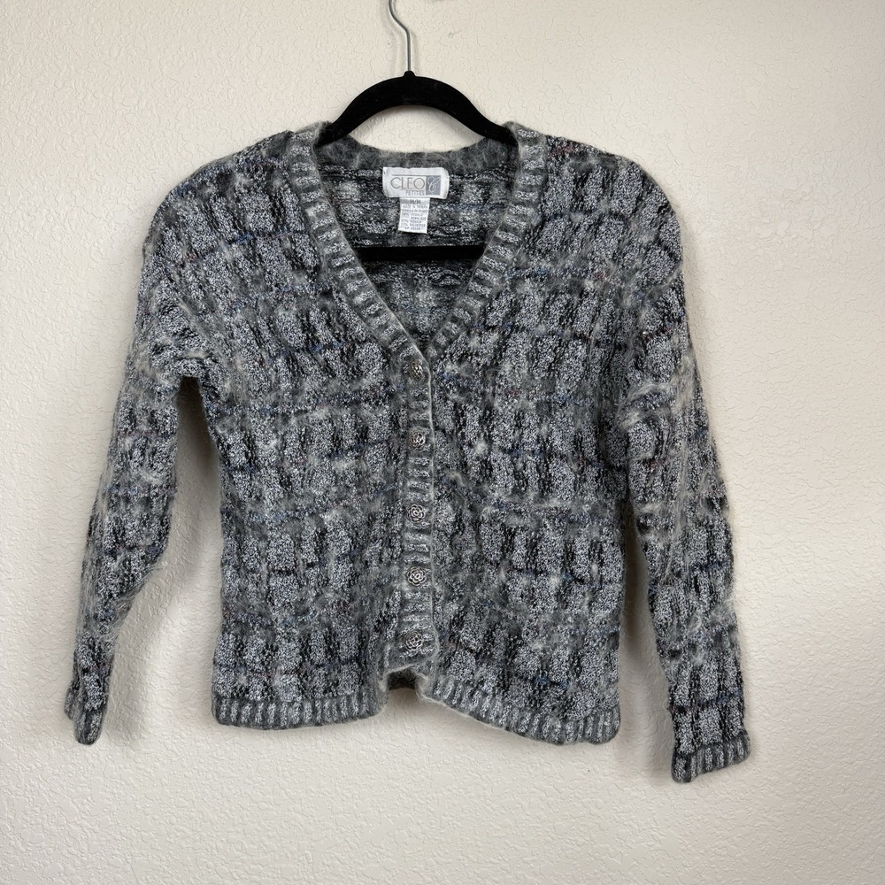 Vtg Cleo Petites Women's Gray Marled Mohair Blend Fuzzy Cardigan Sweater Sz M